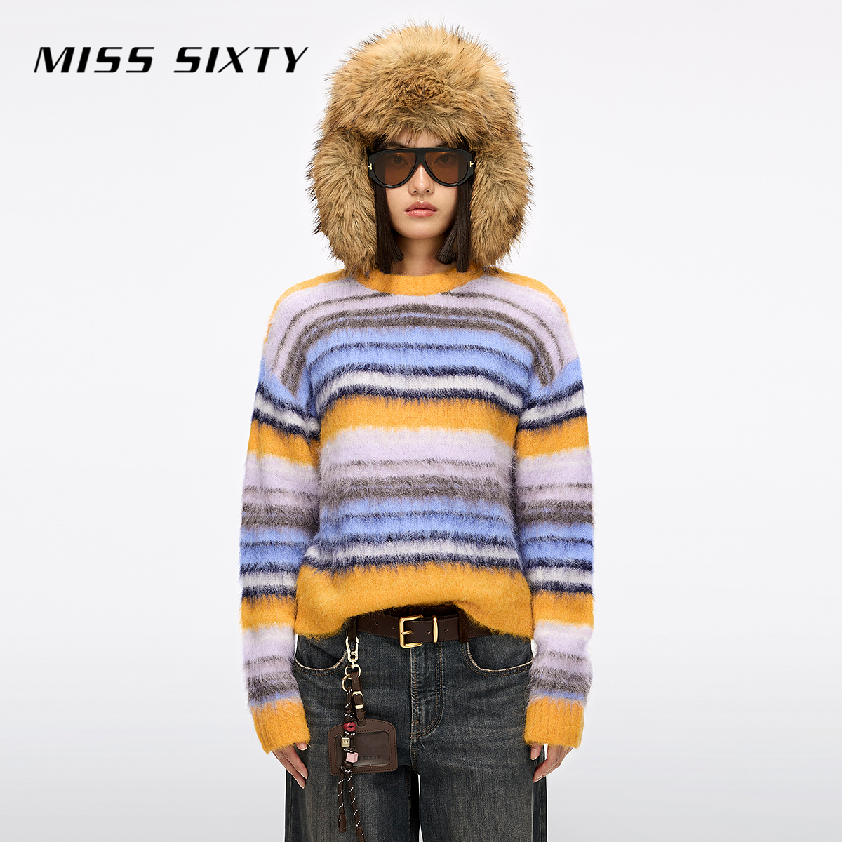 Miss Sixty2025冬季新款针织衫女宽松彩色彩虹撞色羊驼毛混纺毛衣