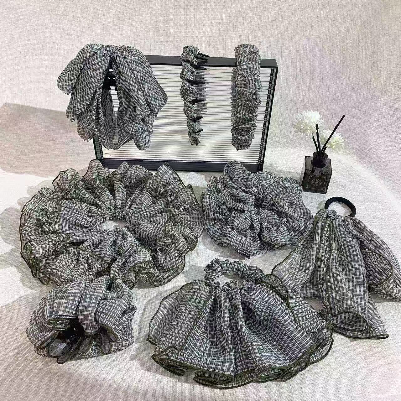 深海蓝格子纱纱合集大号抓夹显发量大肠发圈家庭日用必备品发夹