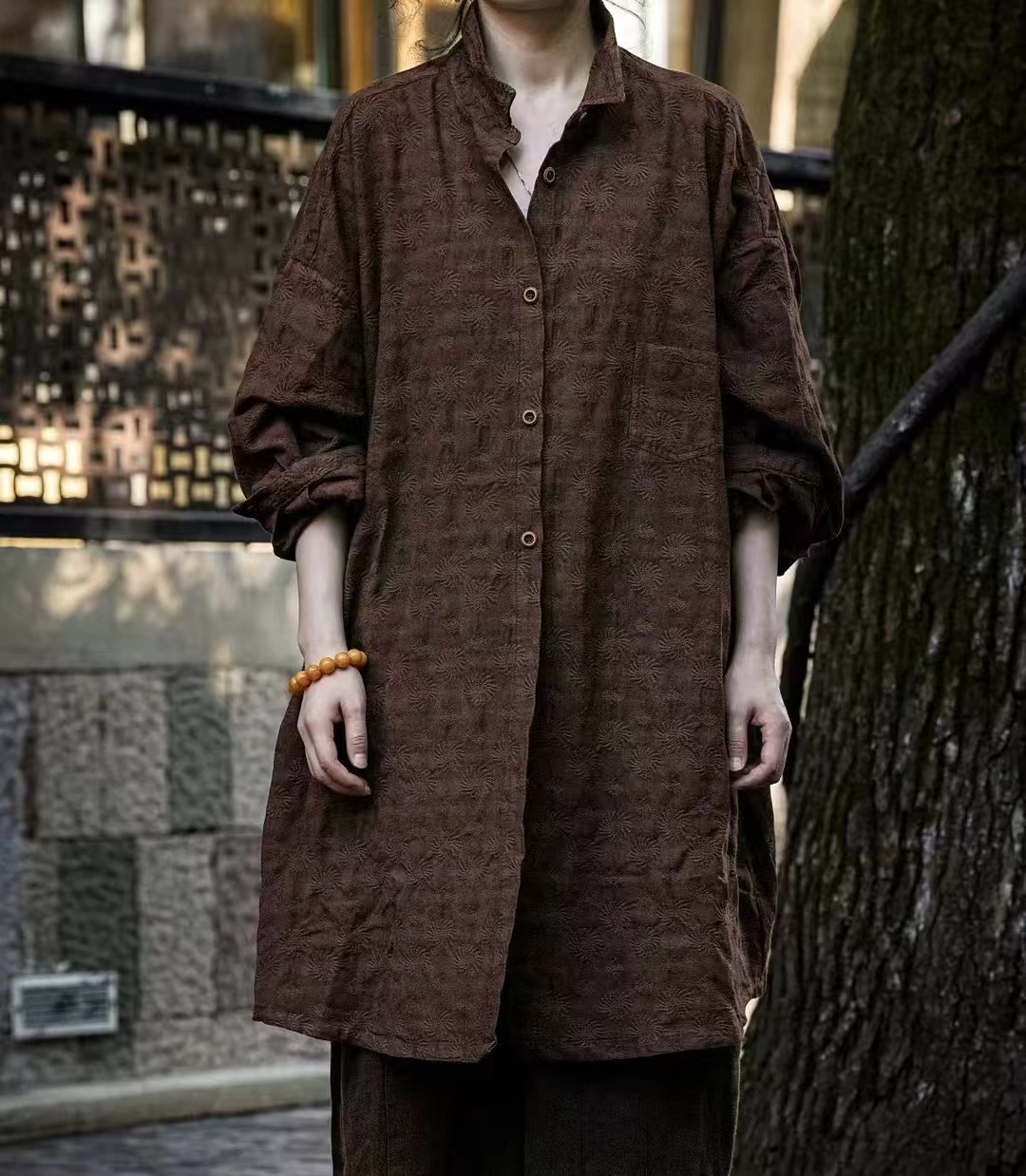 疯子张24秋款棉麻长款提花文艺宽松做旧长开衫#08346