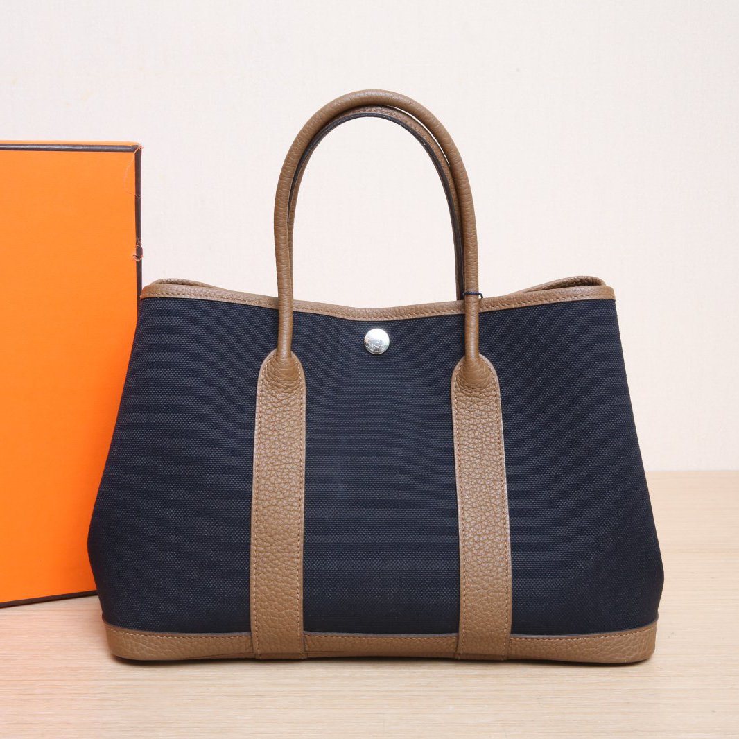 99新 Hermes/爱马仕 小花6欢 花园包 30 黑色 帆布 U刻 银扣包