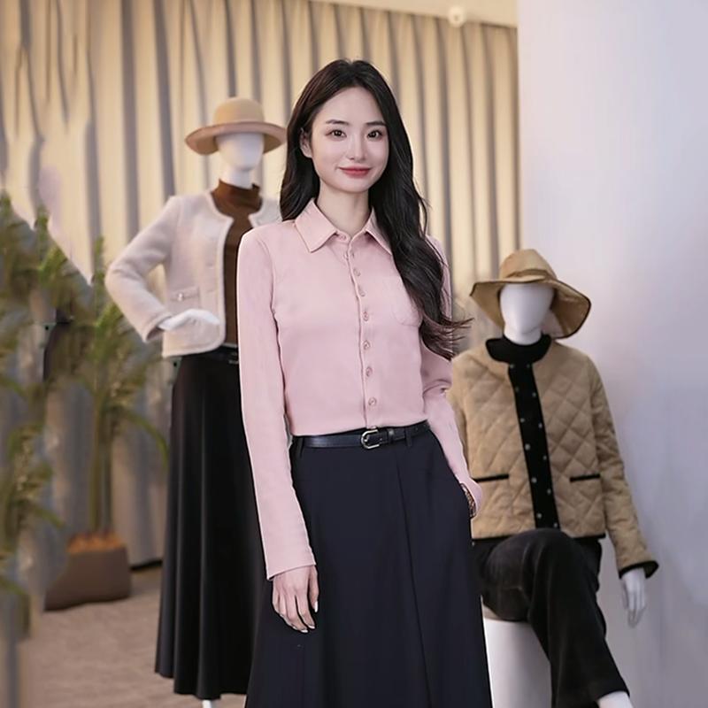 {专柜}商场同款秋冬新款女纯色亲肤袋修翻领绵羊毛衬衫女
