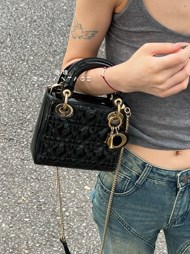 95新 DIOR/迪奥 9397 黑金漆皮三格戴妃链条手提斜挎包