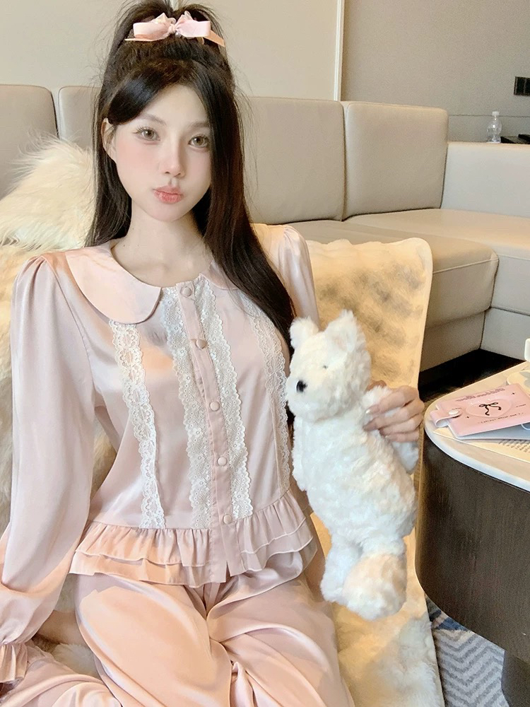 【奶乖甜心】春秋款水光缎蕾丝套装仙女纯欲公主风睡衣家居服女