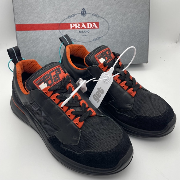 95新 Prada/普拉达 39欧码/黑红色织物拼接皮面透气休闲运动鞋