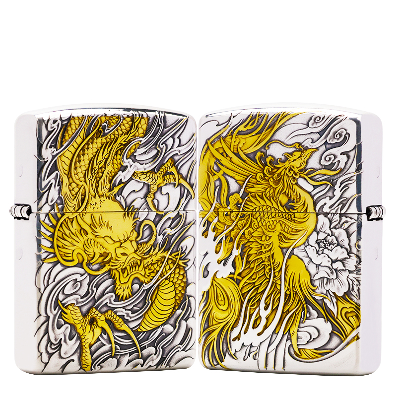 ZIPPO/之宝打火机镀银鎏金【龙凤呈祥】盔甲机原装正品煤油机DYJ1