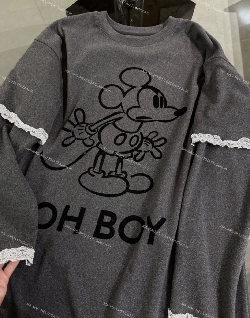 XIAOMEI｜米奇德绒蕾丝边大T恤-5414