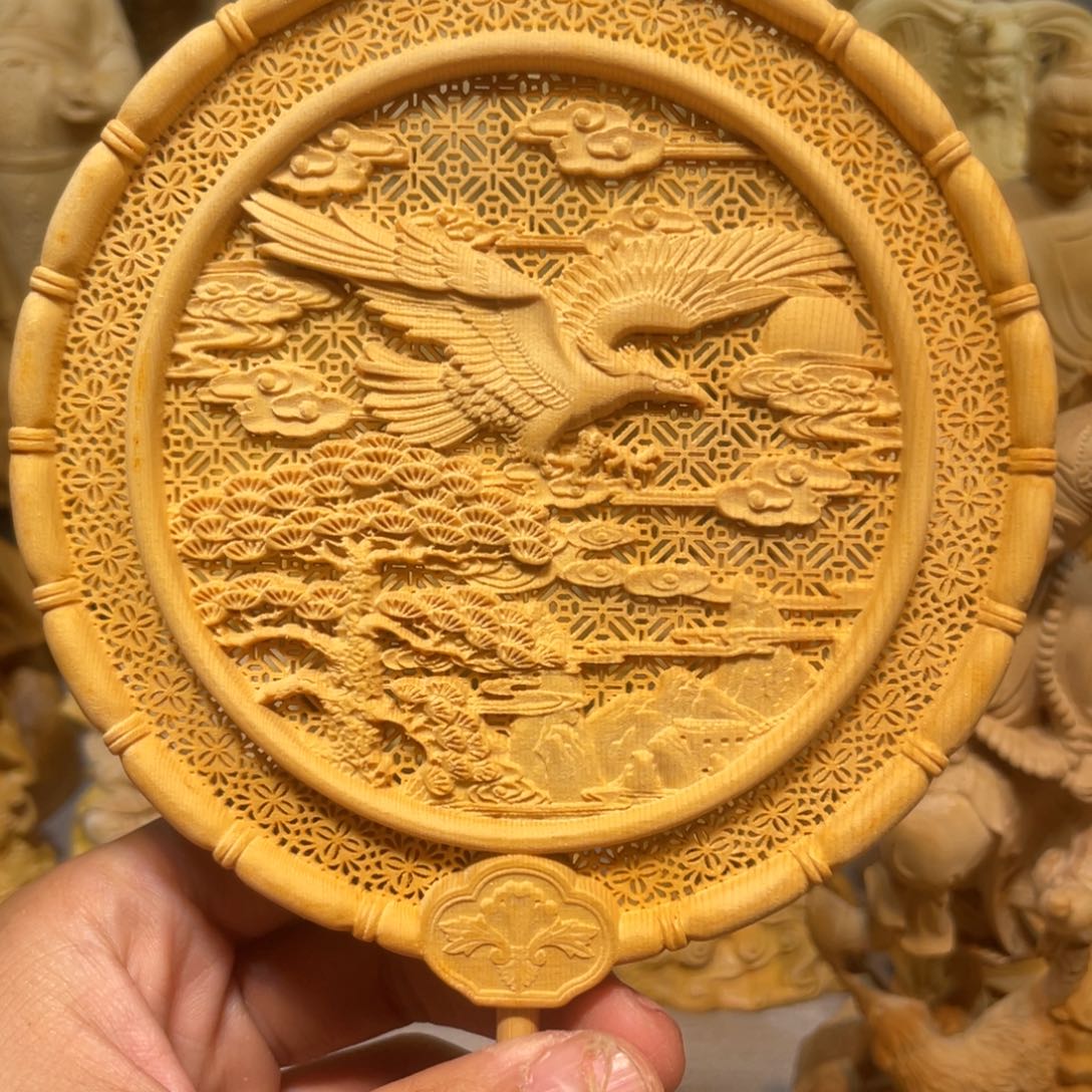 黄杨木大展鸿图扇子