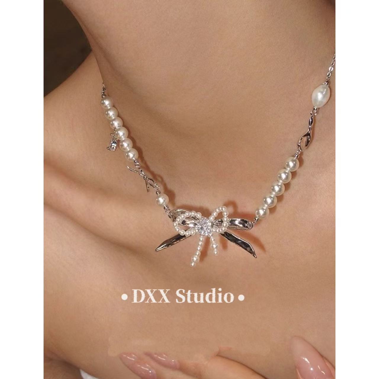 铜合金仿珍珠项链 小众设计百搭蝴蝶结项链47008