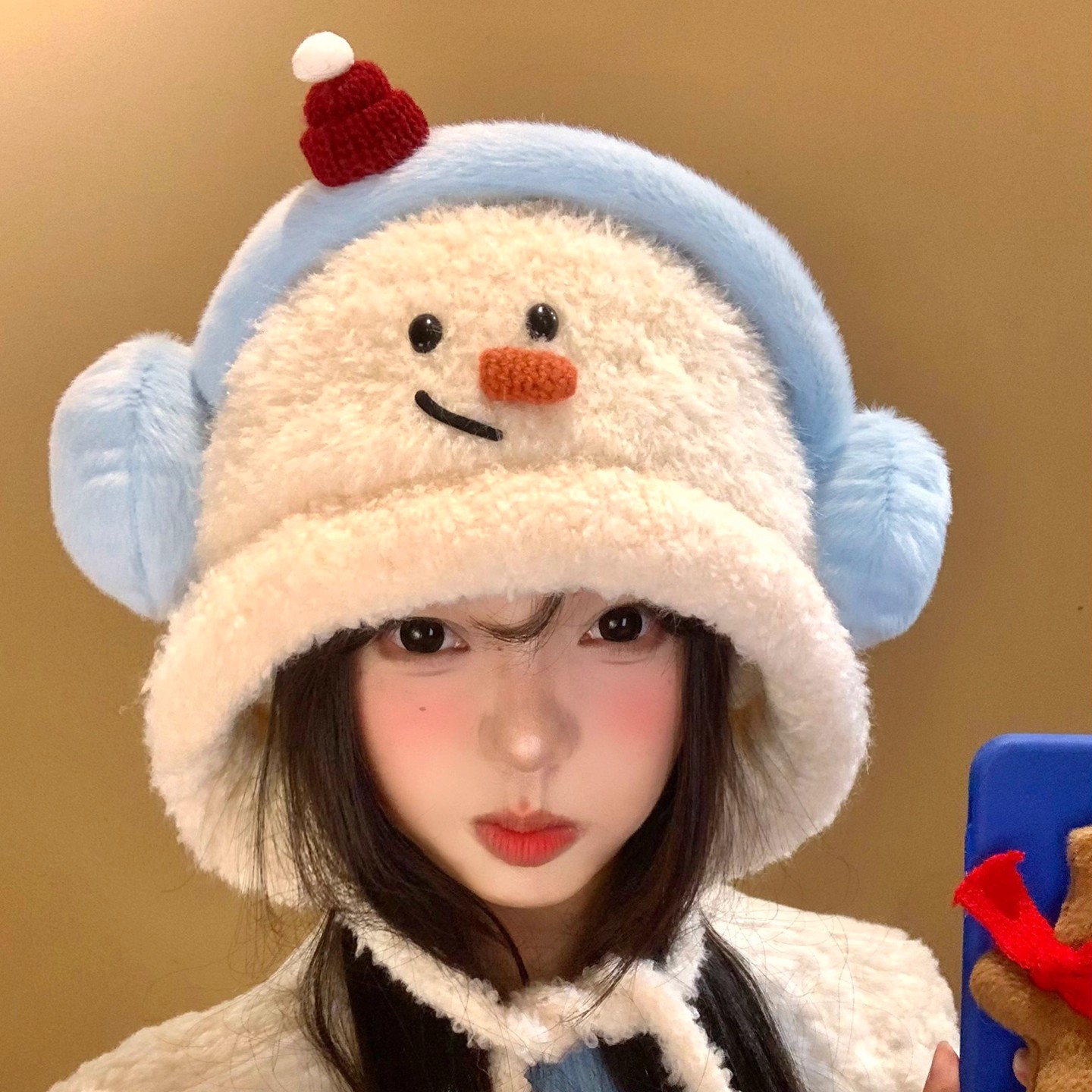 可爱雪人毛绒针织护耳帽女冬季显脸小毛线帽保暖防寒套头雷锋帽子