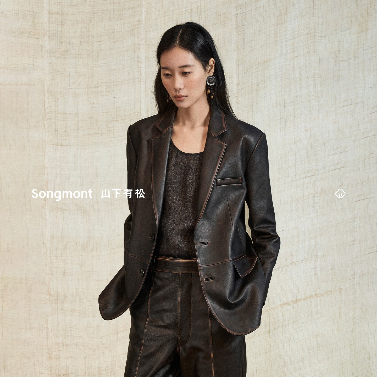 Songmont山下有松复古做旧擦色绵羊皮西装式皮衣夹克2025秋冬新款