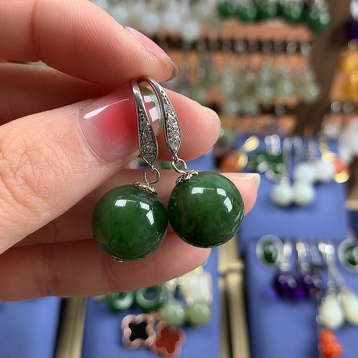 和田玉（碧玉）耳饰银S925镶嵌14左右
