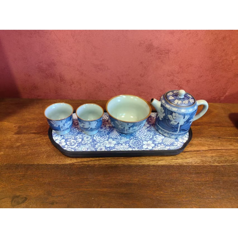 蓝彩荷花直身壶+主人杯+2杯+盘-2822