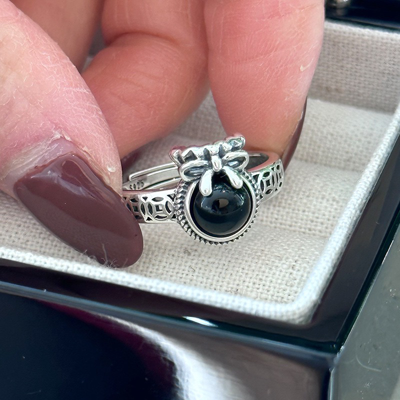 s925银钱袋黑玛瑙钱多多招财戒指