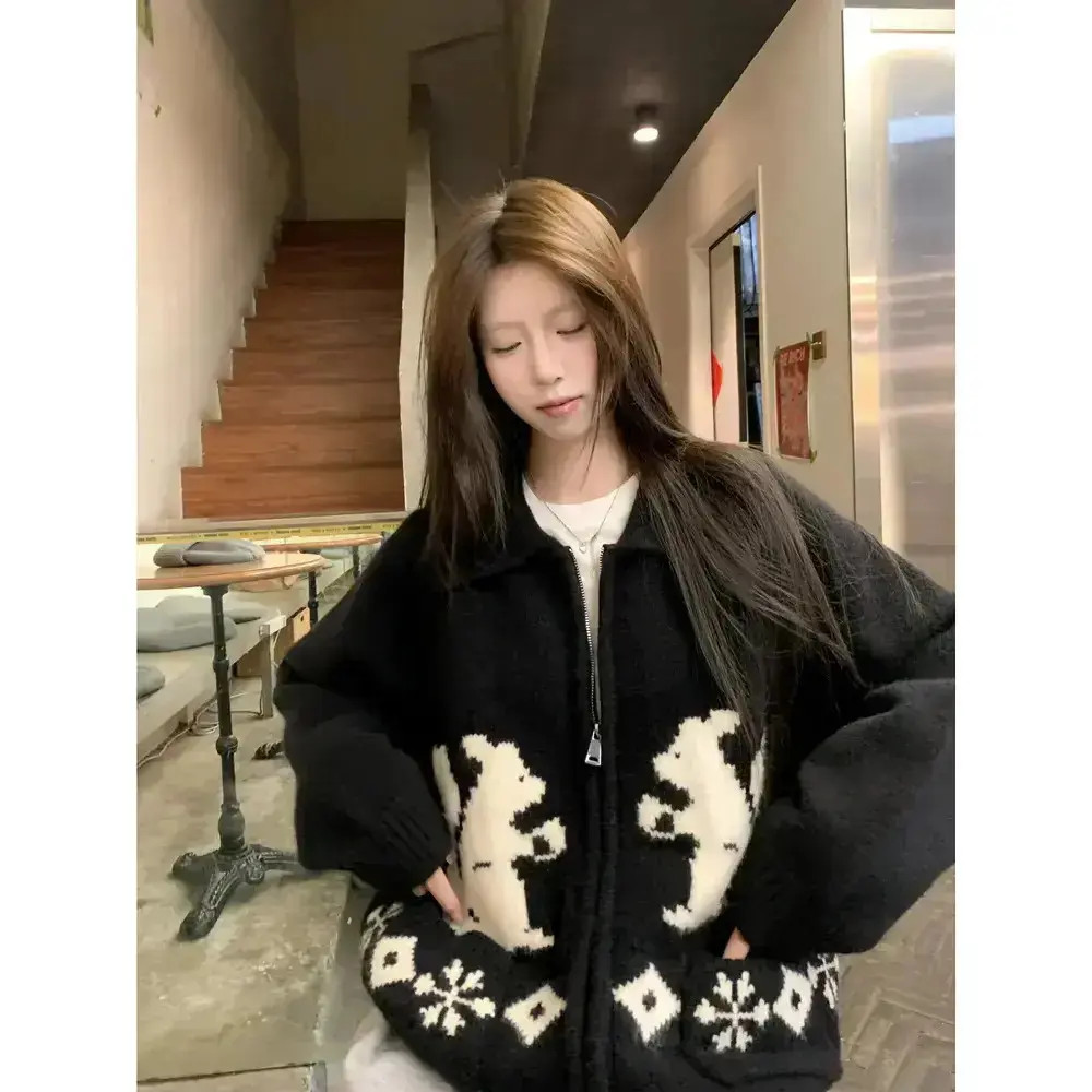 圣诞氛围感复古甜美可爱小松鼠polo领针织衫秋冬外套女春秋开衫！