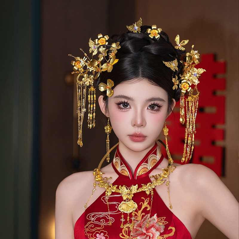 GZ391新娘结婚秀禾发饰流苏步摇金色古风婚礼簪子复古龙凤褂配饰
