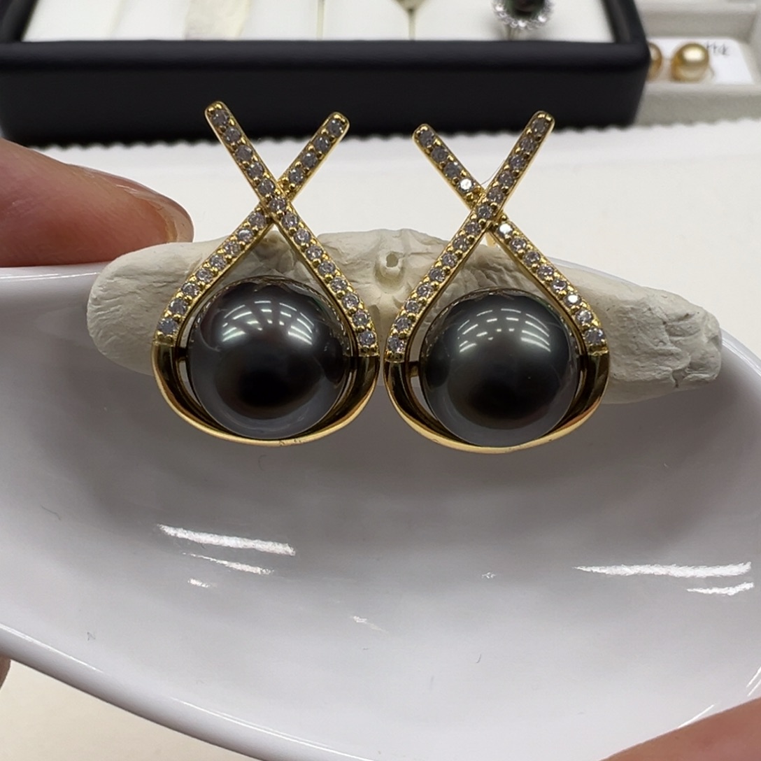 海水珍珠大溪地黑珍珠耳饰9-10mm银S925镶嵌