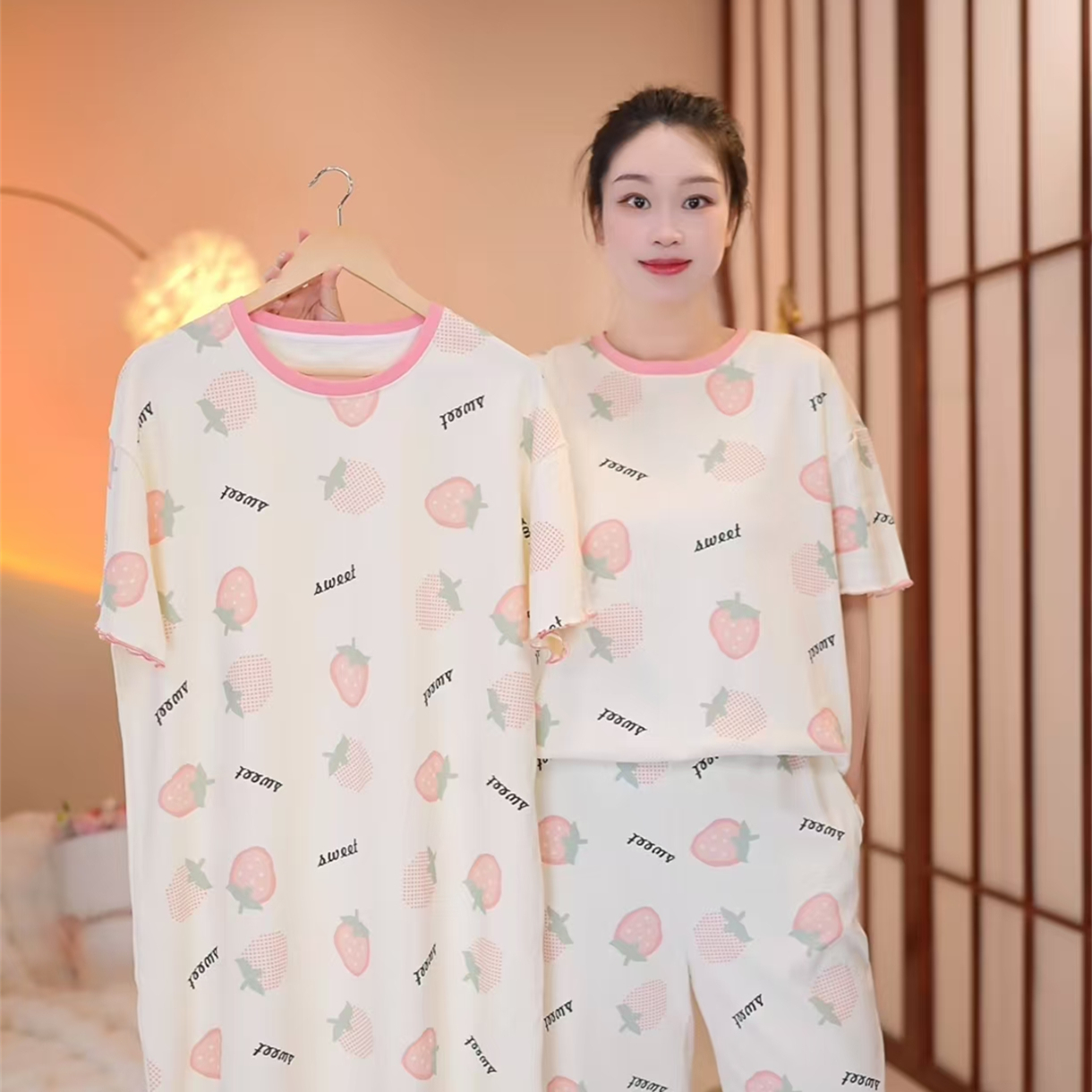 新品【牛奶草莓～拍一发三】短袖长裤舒适棉质家居服套装可外穿