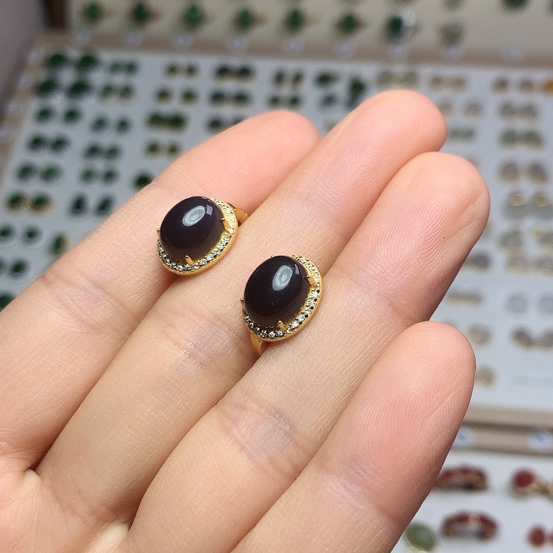 银S925镀金镶嵌和田玉（白玉）耳饰大**泽