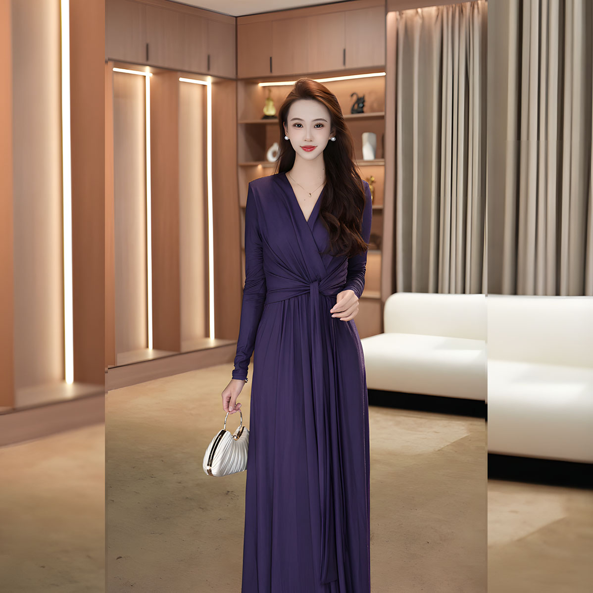 之之【缪斯女神】春夏法式浪漫轻奢鸢尾紫v领收腰连衣裙-Y312042