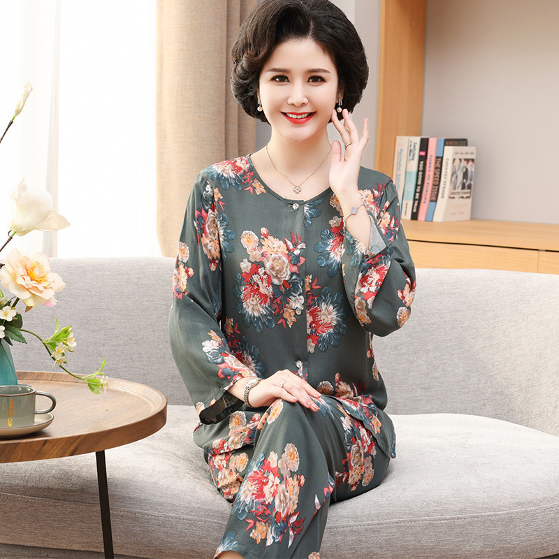 棉绸睡衣女长袖两件套中老年妈妈人棉绵绸大码女士家居服女可外穿