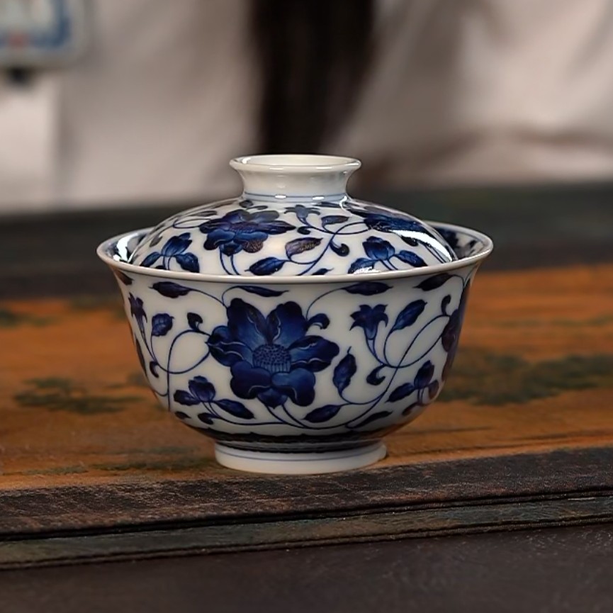 【品遗敬仁】洪印慕明仿明缠枝石榴花小盖碗100cc 碗口8.7 高7cm
