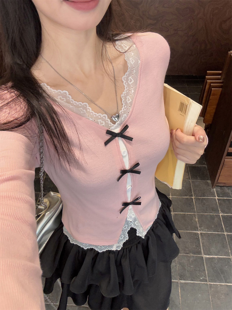 【金咕咕】大码女装胖mm设计感拼接蕾丝边假两件小衫小众别致上衣