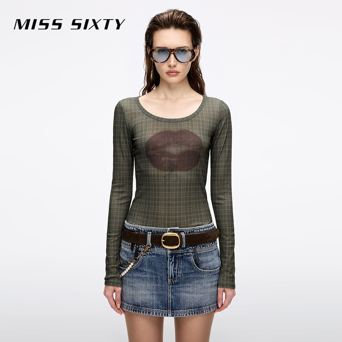 Miss Sixty2025秋季新款长袖T恤女低圆领复古格纹唇印修身上衣