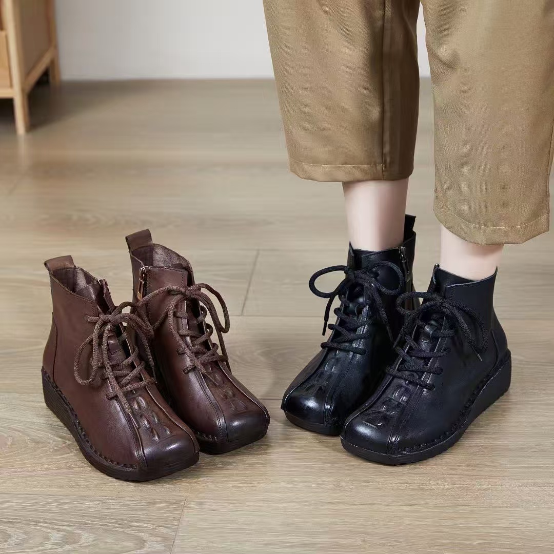 秋冬季新款森女个性复古真皮系带厚底坡跟英伦风单鞋软底软面 