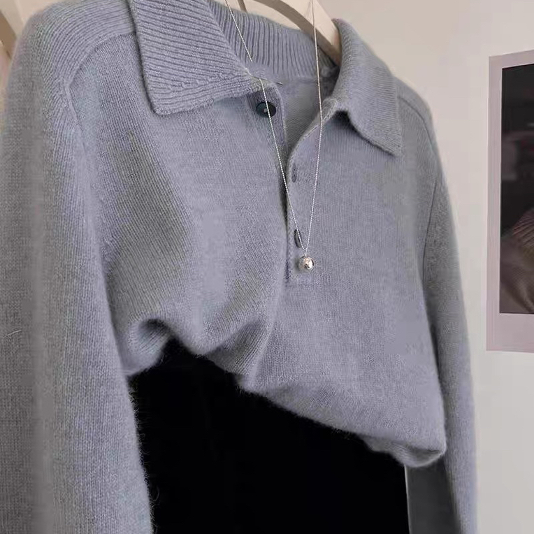 25秋冬新款韩版宽松100%纯羊毛衫女POLO领长袖加厚毛衣针织打底衫