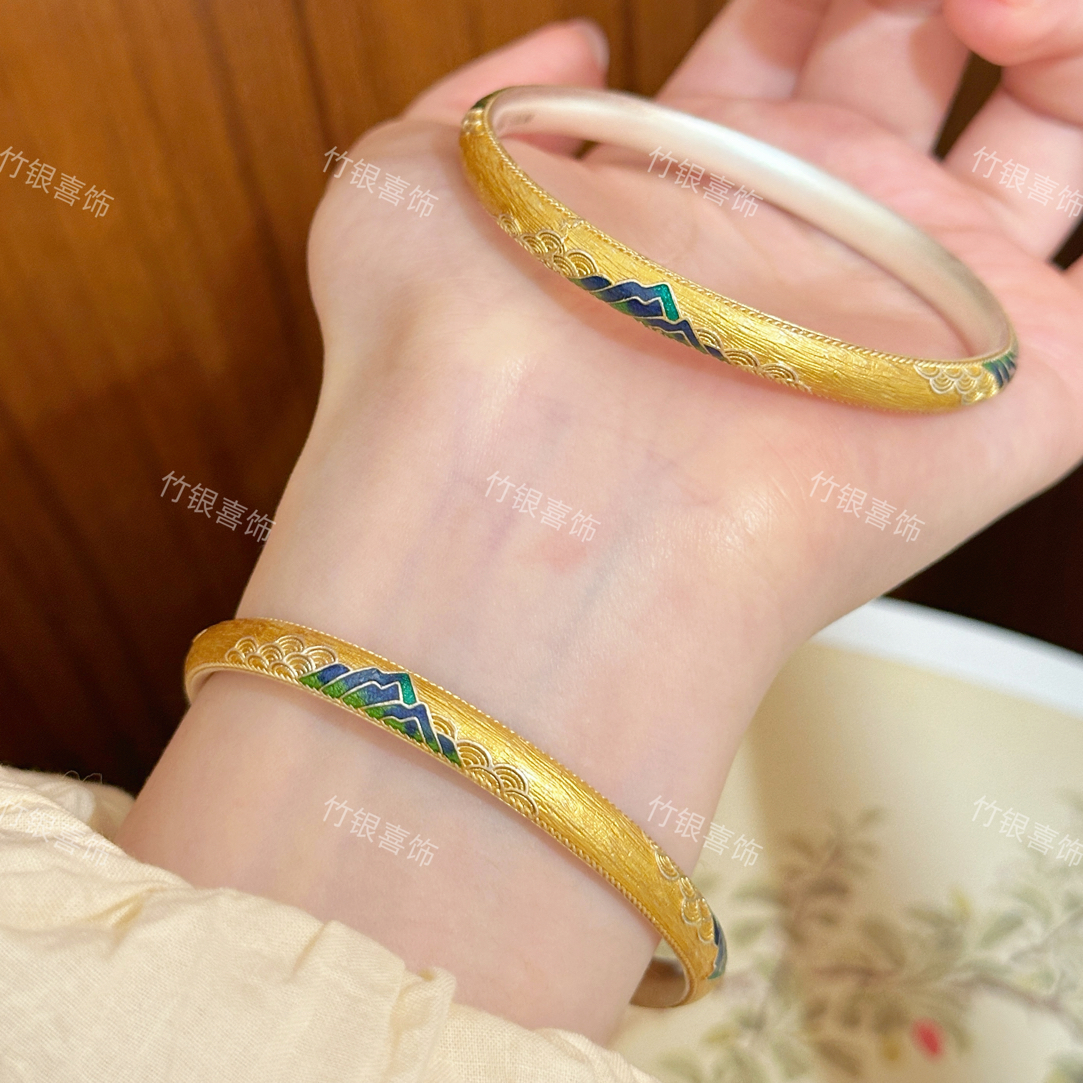 足银珐琅手镯 足银999.9【望山河】描金珐琅彩闭口手镯新中式约32克