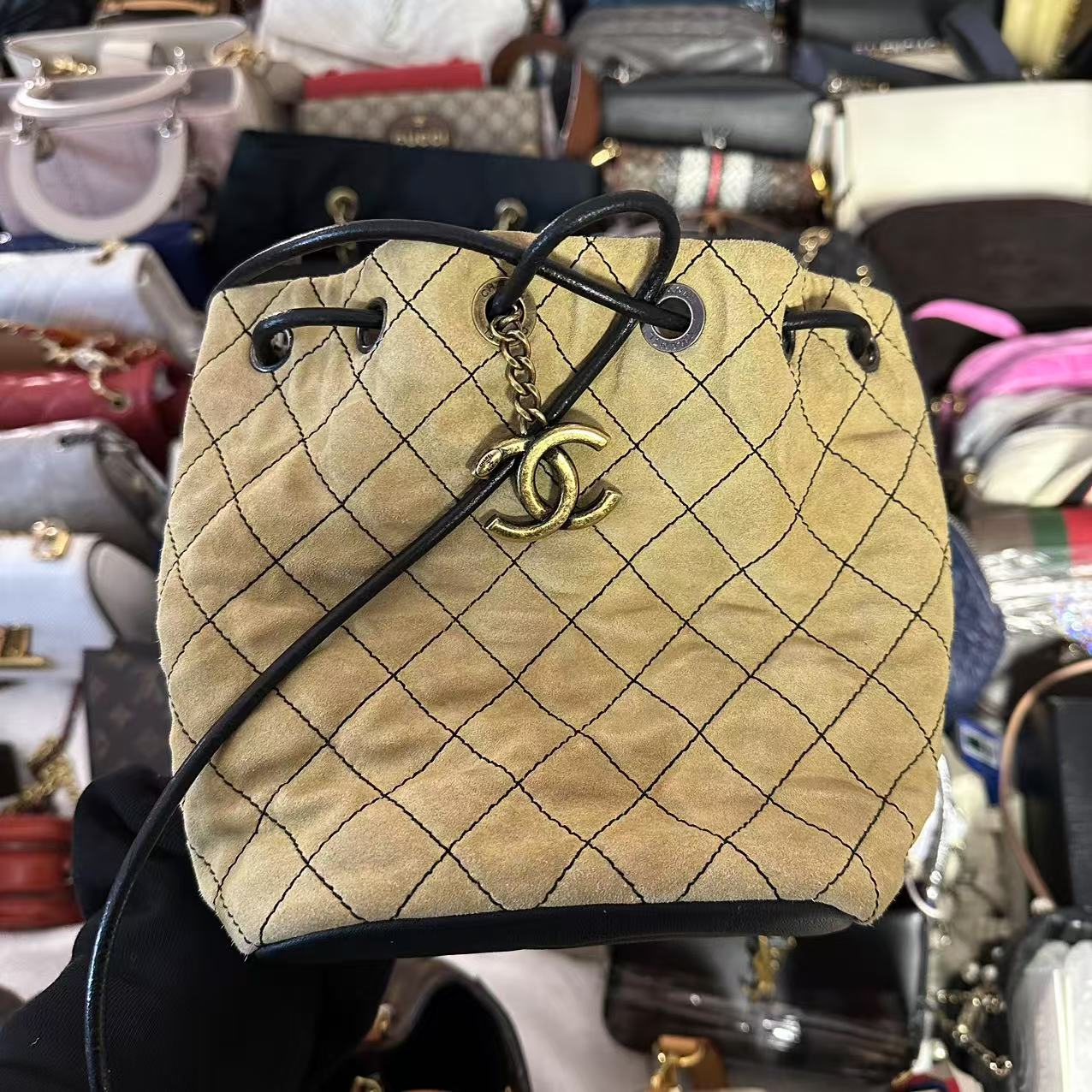 95新 Chanel/香奈儿 卡其色抽绳水桶包/美美在包展