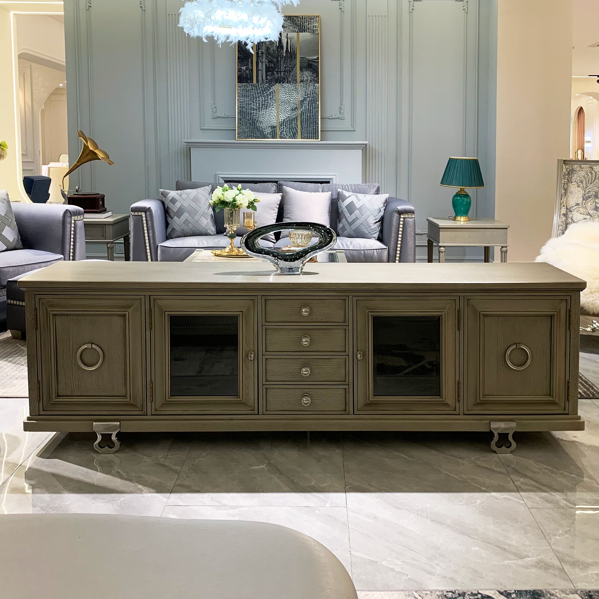 美式莫里印象北美进口FAS级白蜡木烟灰色做旧电视柜