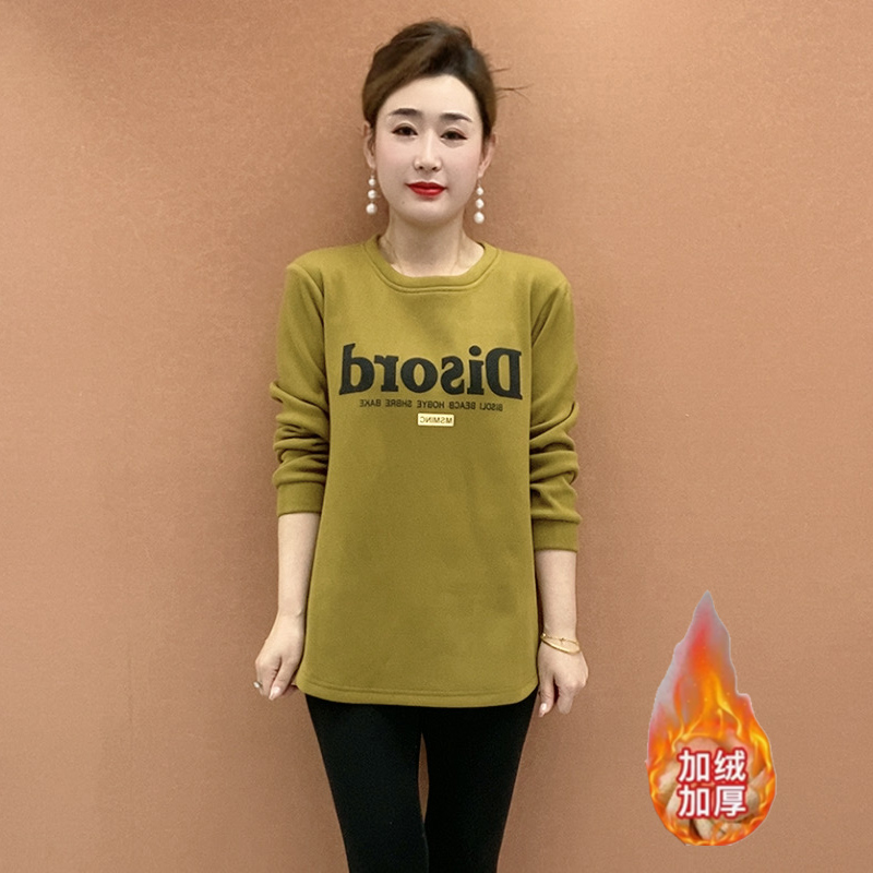 9015秋冬季新款女士长袖圆领加绒加厚卫衣宽松大码中老年女装上衣