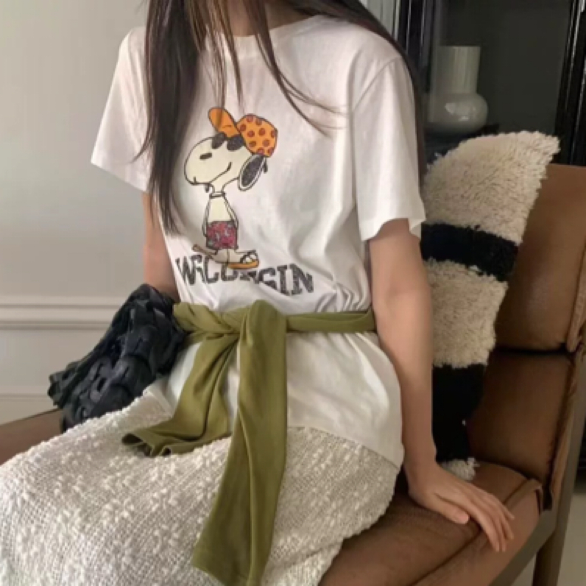 韩国东大门PEBBLE女史努比印花圆领短袖T恤