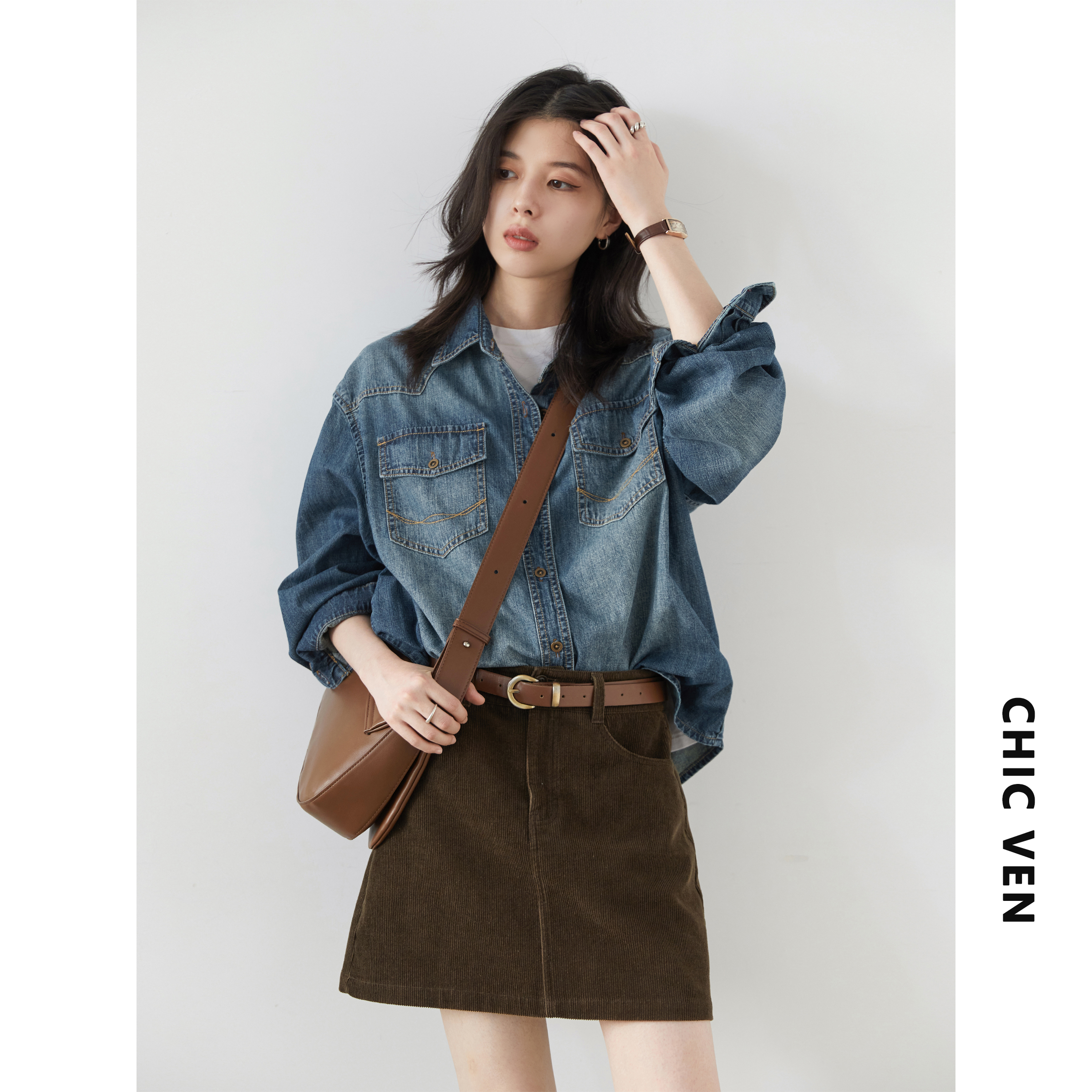 秋新款复古蓝色双贴袋牛仔衬衫做旧水洗长袖衬衣125QNCS0587