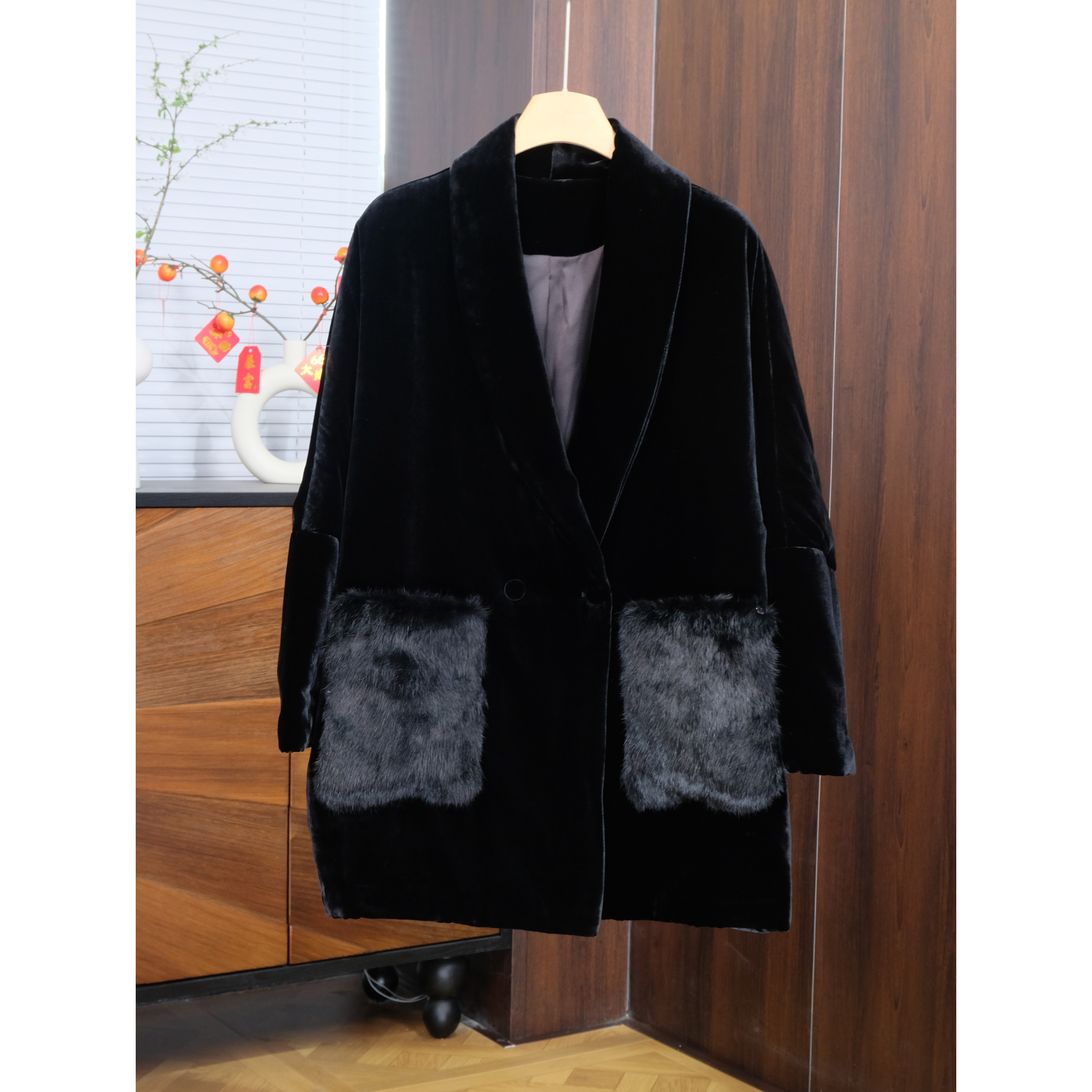 真丝丝绒青果领棉服女冬季新款宽松百搭大衣松驰感保暖桑蚕丝外套