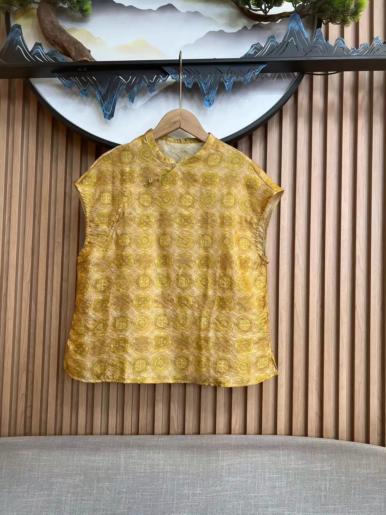 6981薄款提花上衣休闲花色气质百搭无袖女士复古绿色碎花