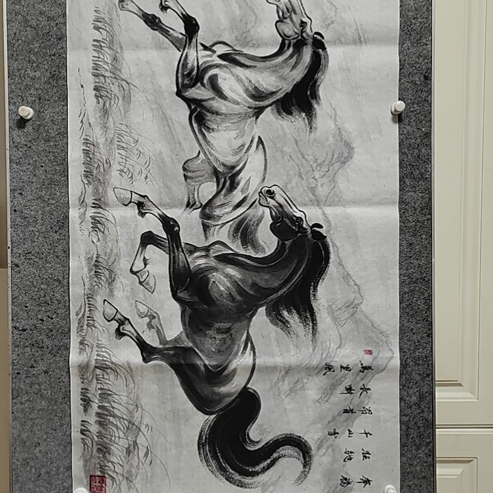 横款周士辰水墨写意骏马图