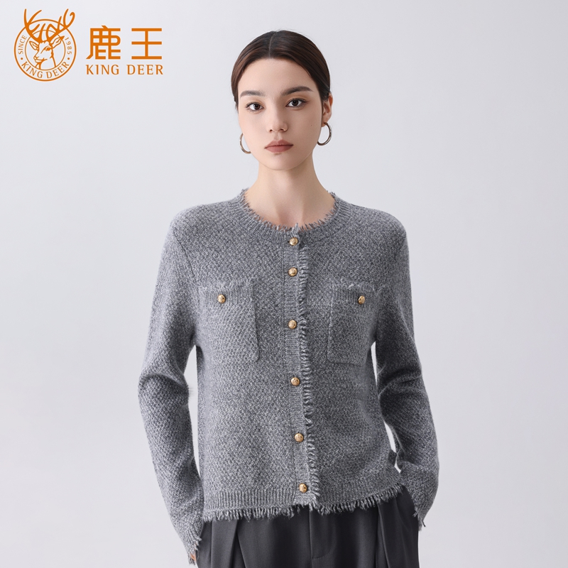 【设计师款】鹿王女圆领100山羊绒时尚流苏花纱开衫 厚 XM1644