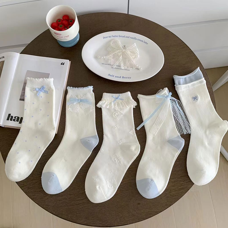 韩系蝴蝶结袜子女系白蓝色堆堆袜袜春秋新款刺绣蕾丝花边中筒袜