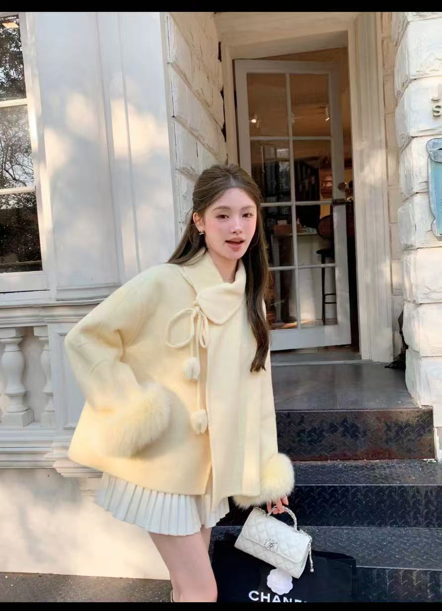 泡芙郁金香黄色双面羊绒大衣