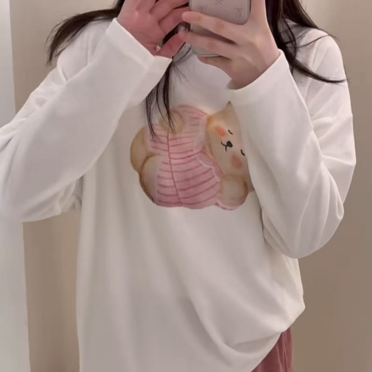 在韩 早秋新款卡通小熊印花纯棉宽松长袖T恤上衣女