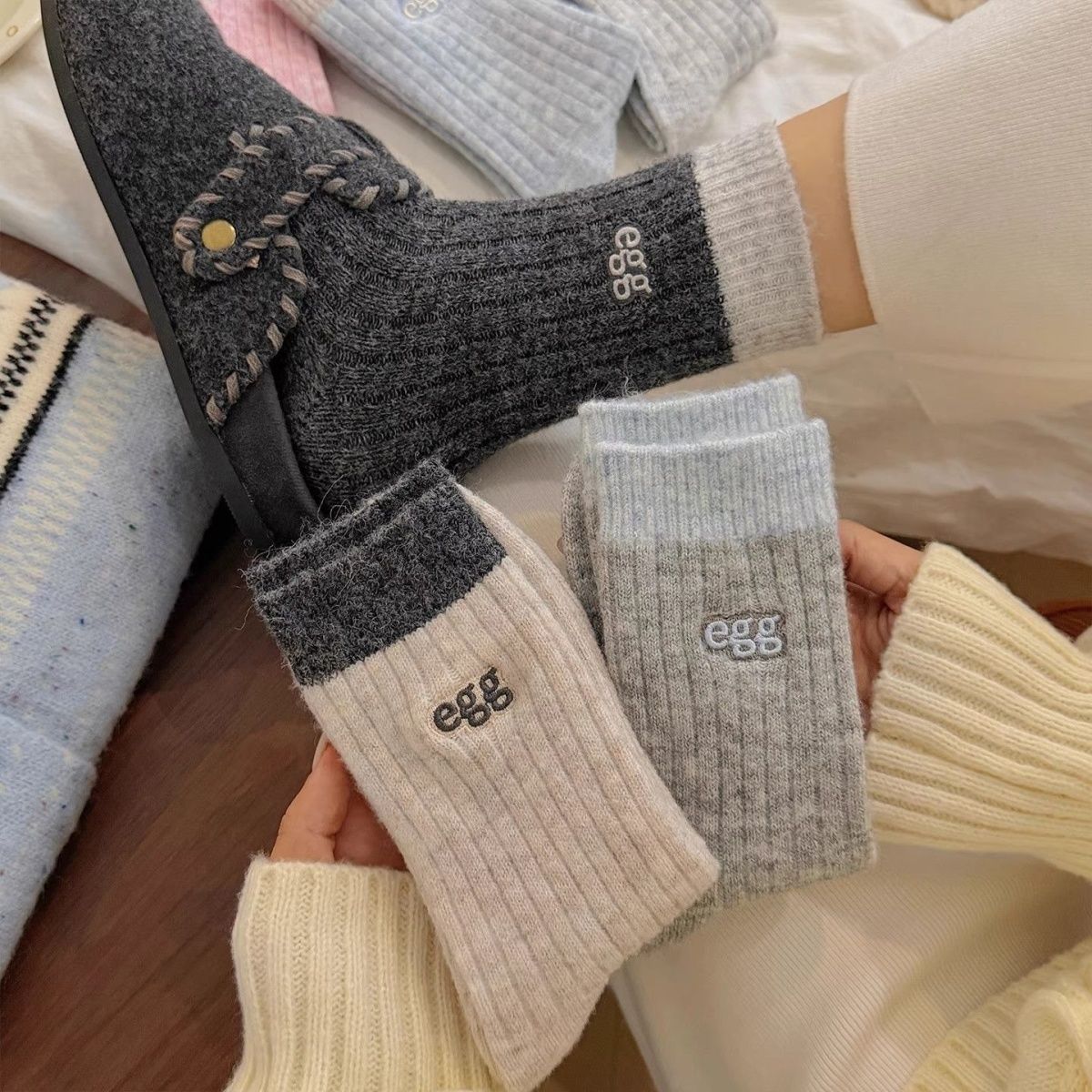 羊毛袜子女中筒秋冬季ins风加厚保暖堆堆袜潮流百搭长袜