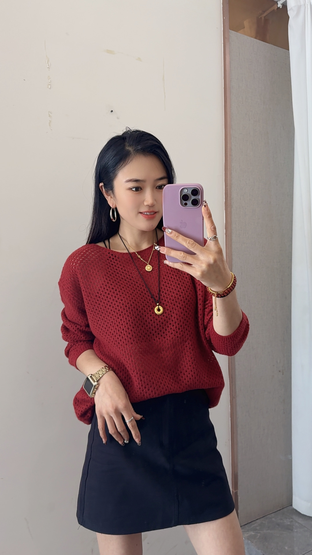 红衣俏家宽松针织镂空衫（建议手洗，不要机洗，会起球，介意勿拍）