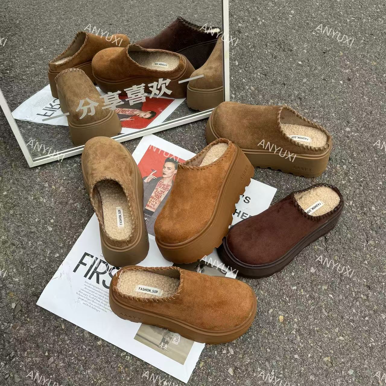 “5厘米增高”厚底编制羊圈绒博肯半拖9224【FF1】