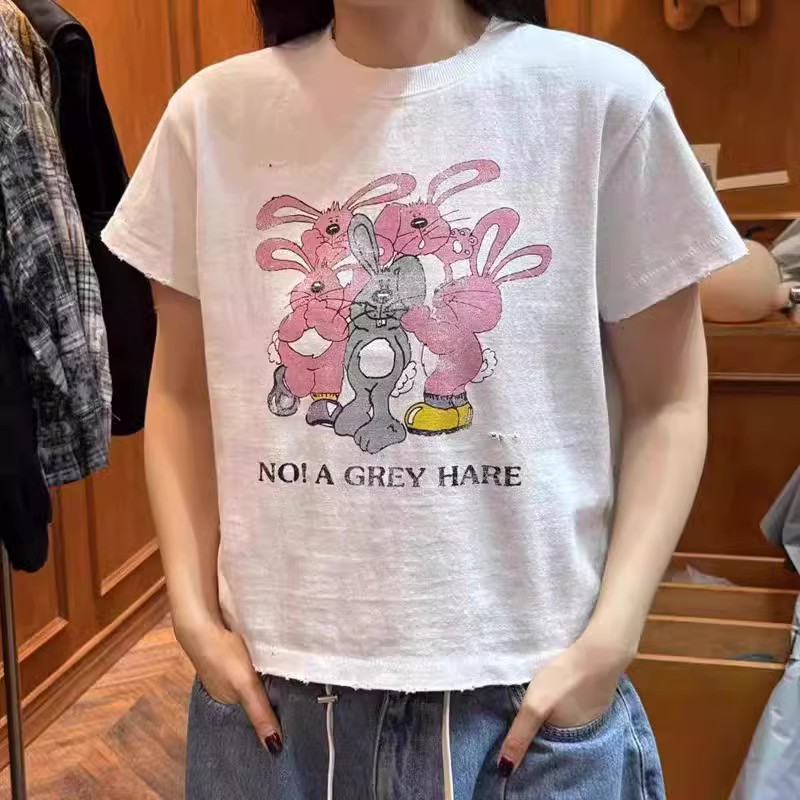 现货！泡菜 garment 公鸡家破洞小兔印花短袖T恤