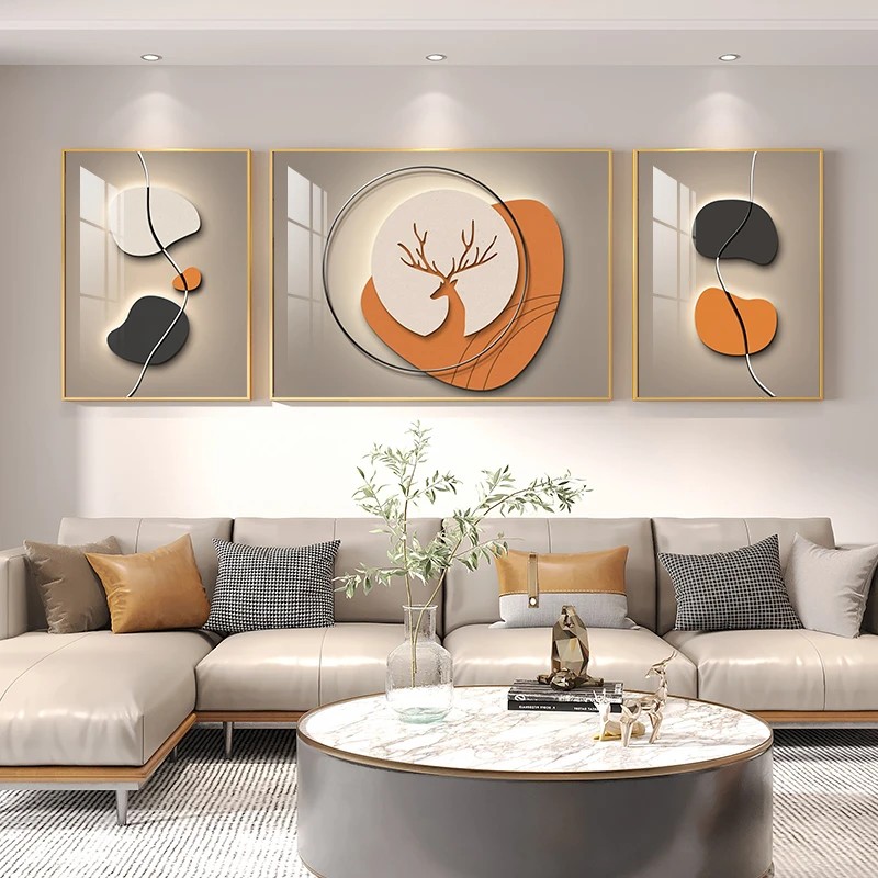 现代简约客厅装饰画几何抽象壁画轻奢福禄高升沙发背景墙三联挂画