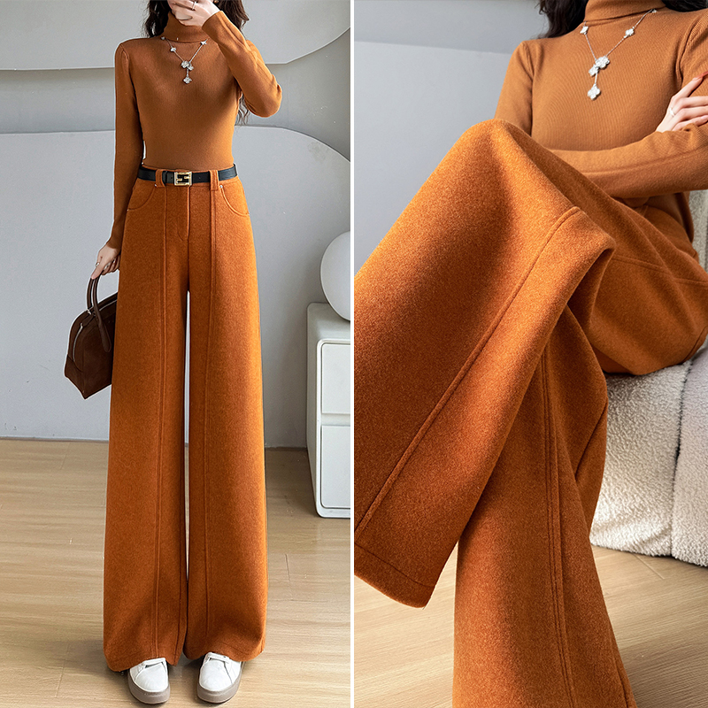 高端绵羊毛阔腿裤女2025新款冬季加厚廓形长裤高腰垂感毛呢弯刀裤