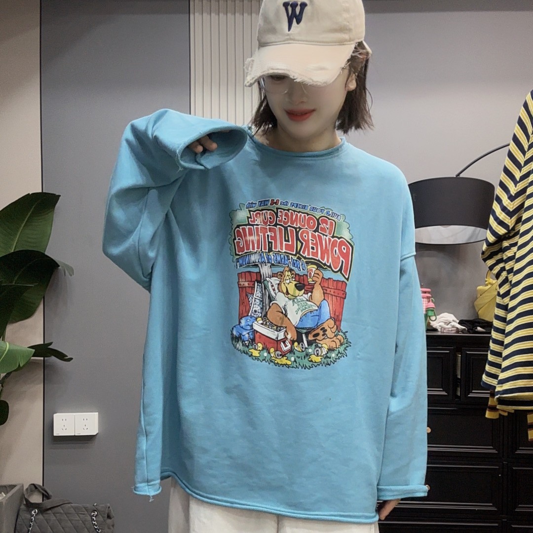 双双韩版宽松秋季新款长袖百搭蓝色卷边印花圆领卫衣卡通百搭ins