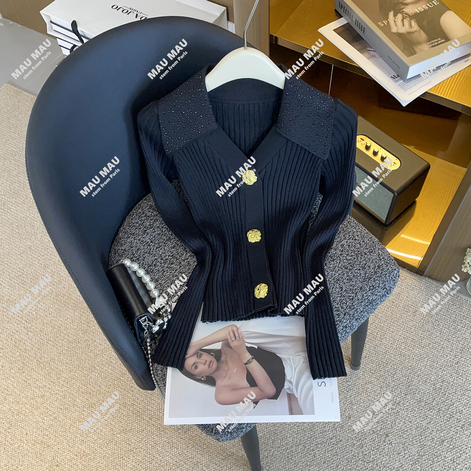 现货 立体翻领针织开衫显瘦v领长袖高级感上衣DY3186